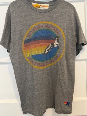 Aviator Nation Gray Tee with Retro Rainbow Surf Circle